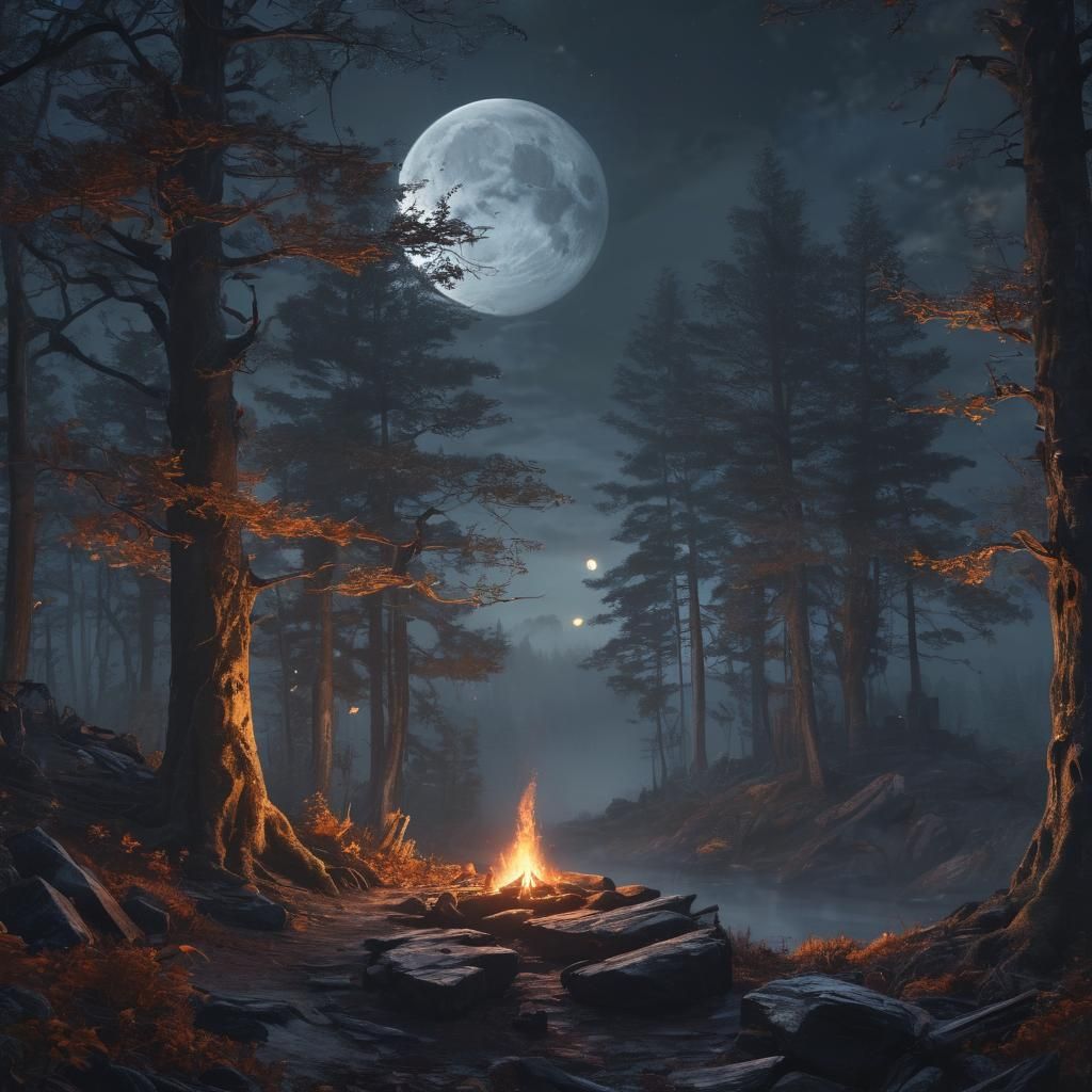 Mystical Forest Lookout at Night: Fantasy Art
