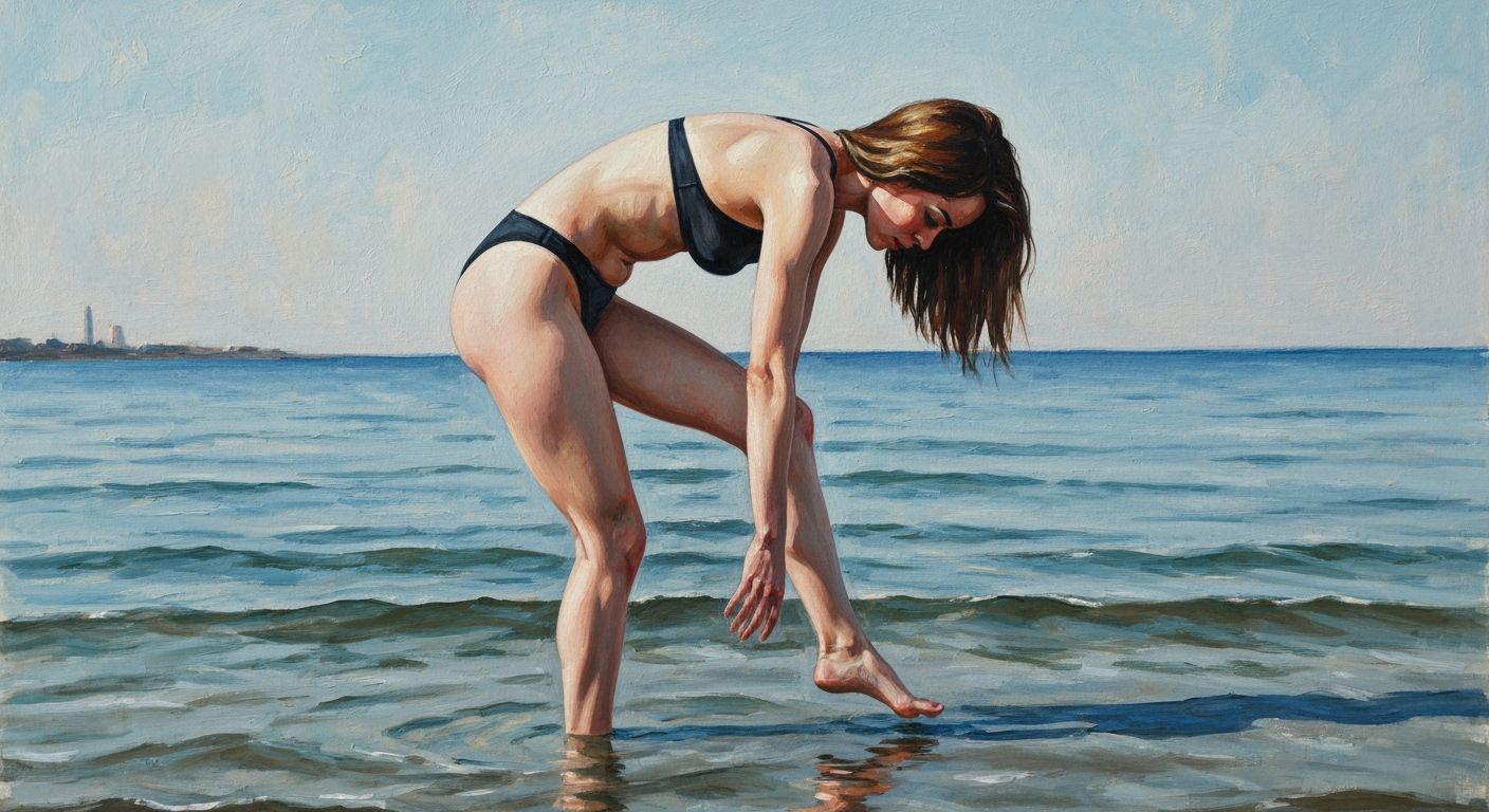 City Woman Enjoys Water's Edge in Gouache Style