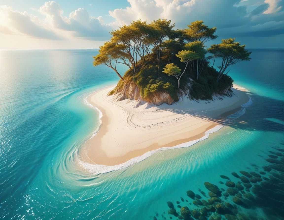 Surreal Watercolor Island Paradise in Soft Focus
