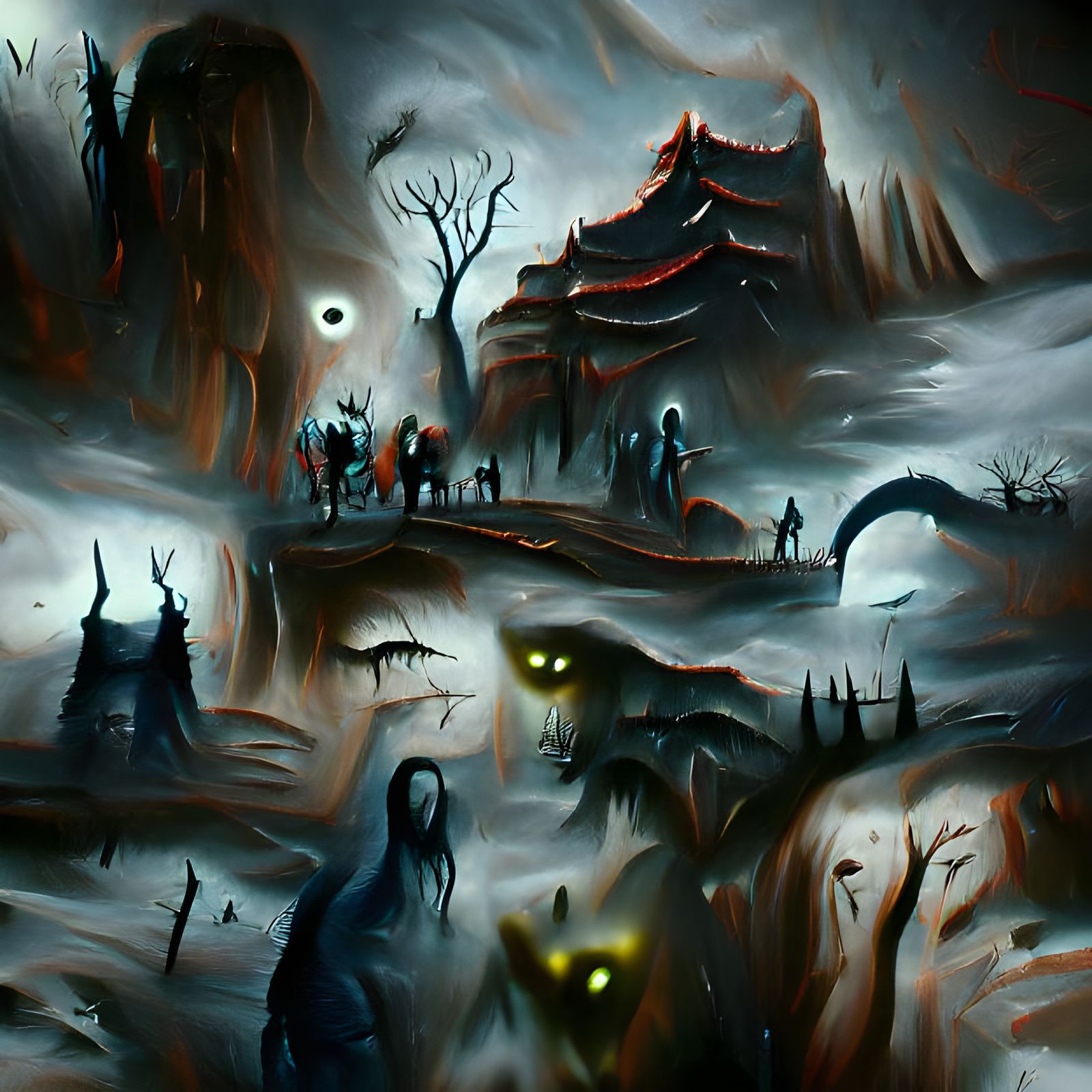 Creepy Shadow Creatures in Dark Fantasy Landscape