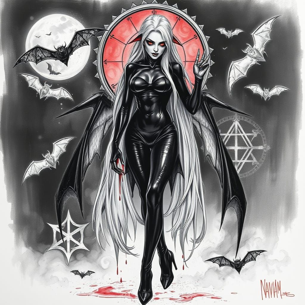 Dark Fantasy Vampire Maiden in Charcoal Drawing Style