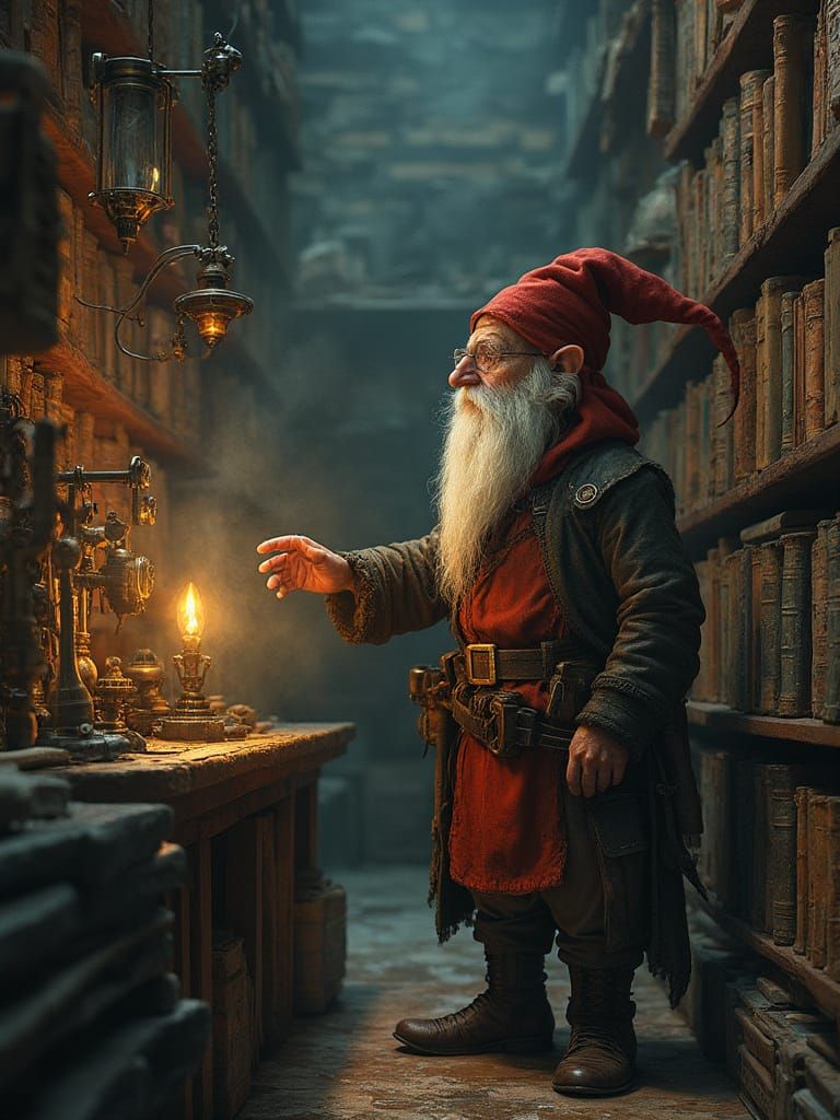 Gnome Scholar in a Whimsical Workshop of Wonders