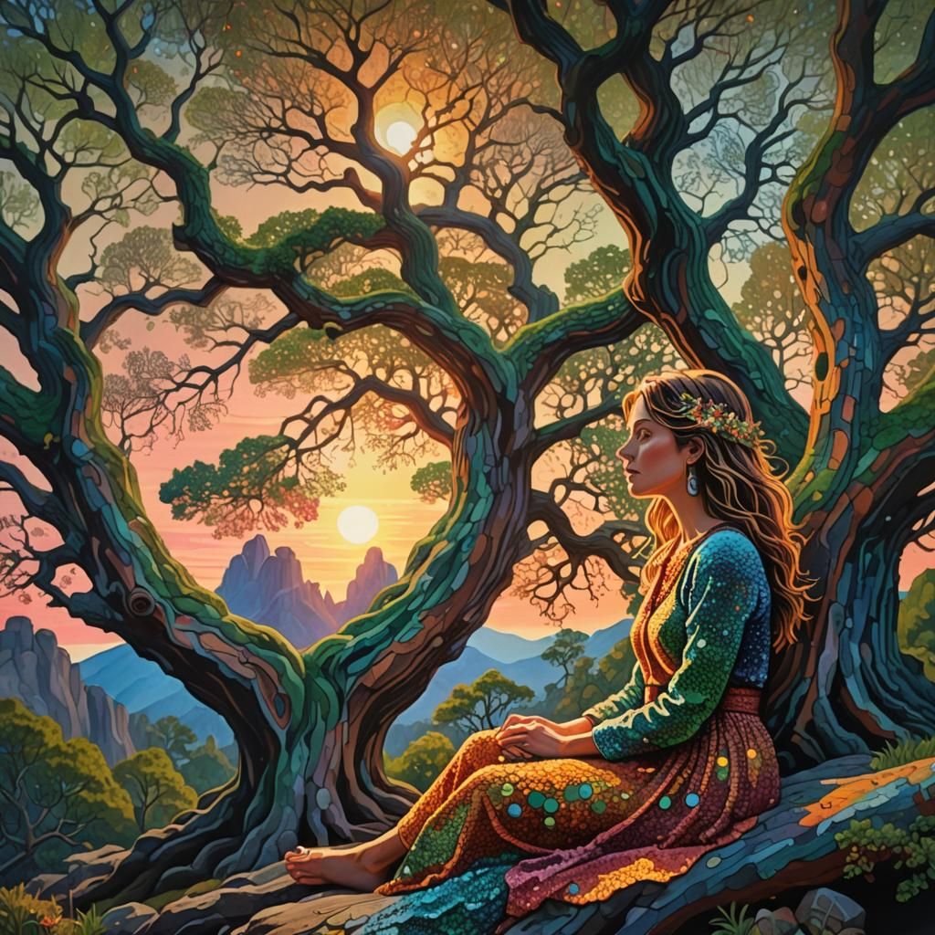 Serene Woman in Pointillist Sunset Landscape