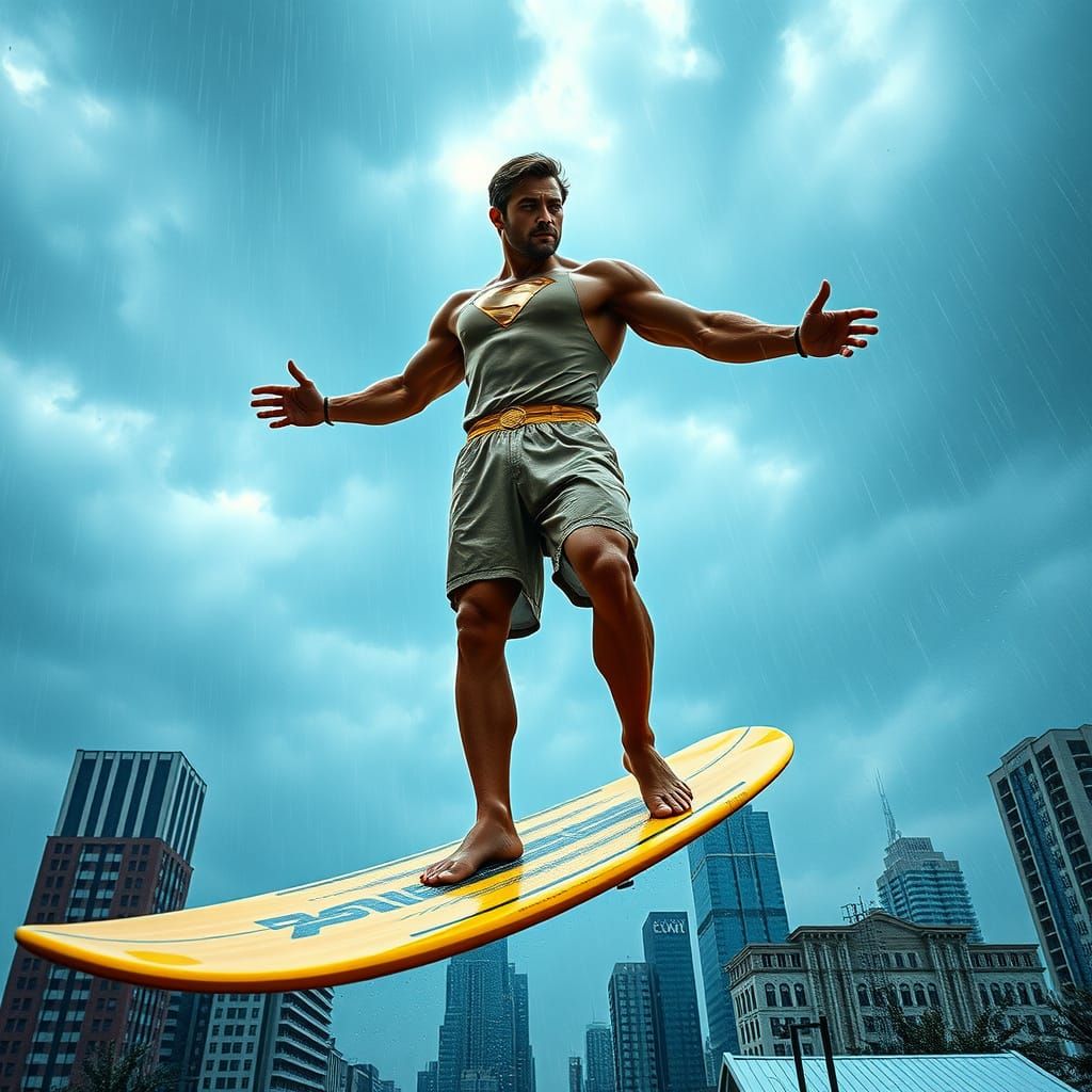 Hercules Superman Surfs City Skyfall in Beige Costume