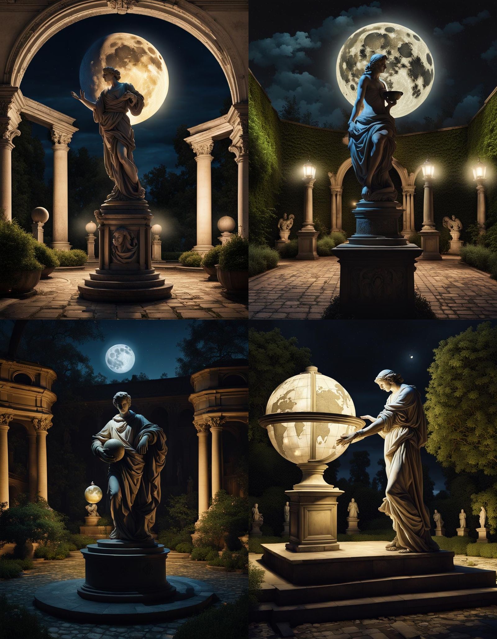 Mysterious Moonlit Renaissance Garden with Scholar Statue