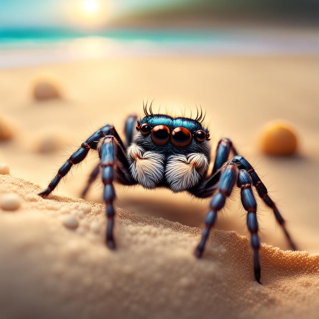 Hyperrealistic Jumping Spider on a Beach