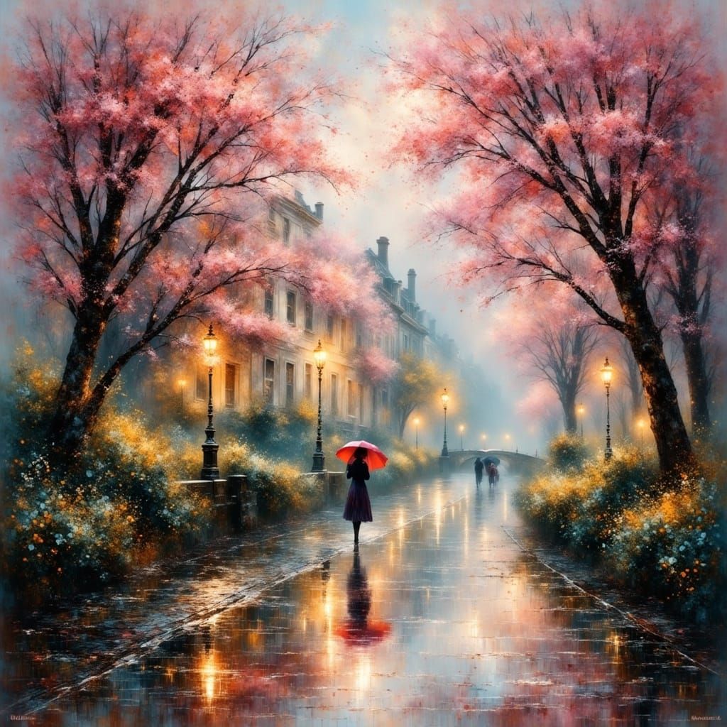 Spring Rain Park Path with Cherry Blossoms