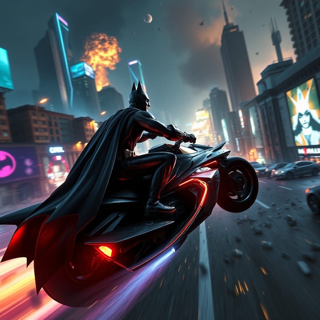 Batman Rides Batcycle Through Dystopian Metropolis