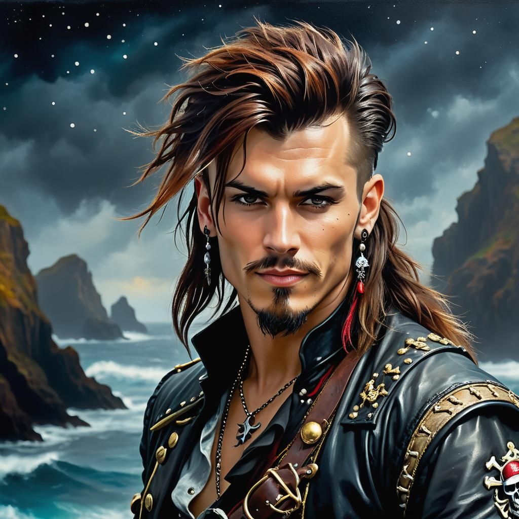 Handsome Punk-Rock Pirate Portrait in Impasto Style
