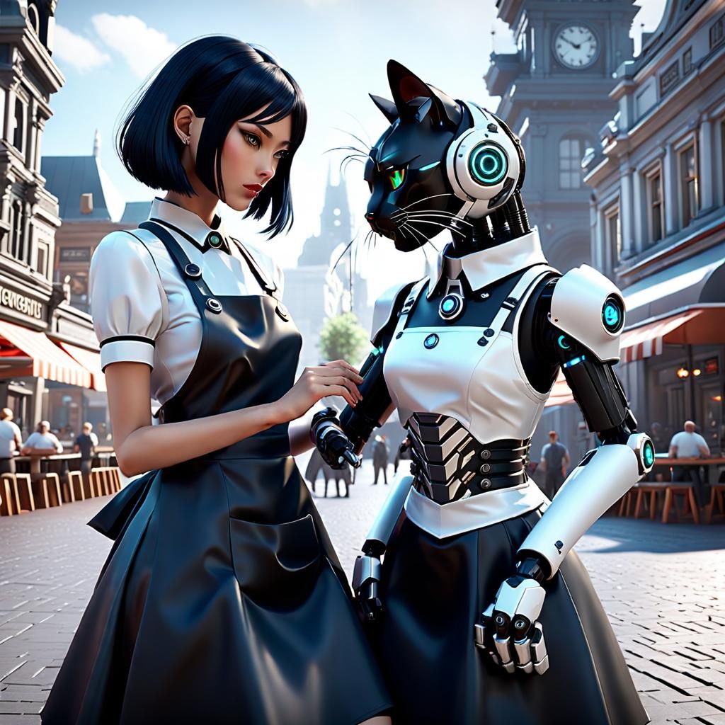 Cybernetic Cat Being Caressed in Town Square
