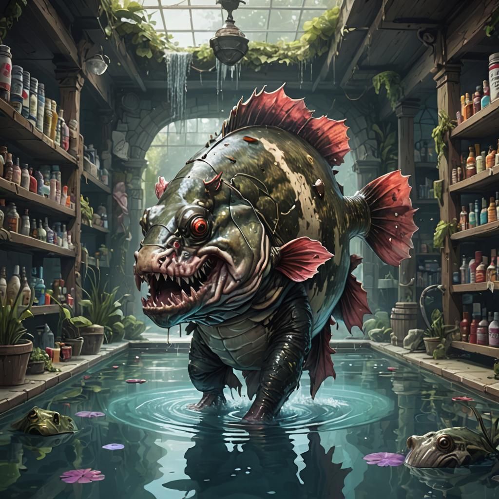 Giant Bass DnD Character in Fantasy Drugstore