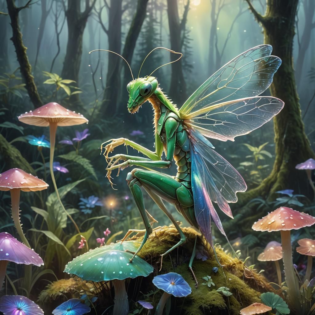 Praying Mantis Fairy in Misty Forest, Digital Art
