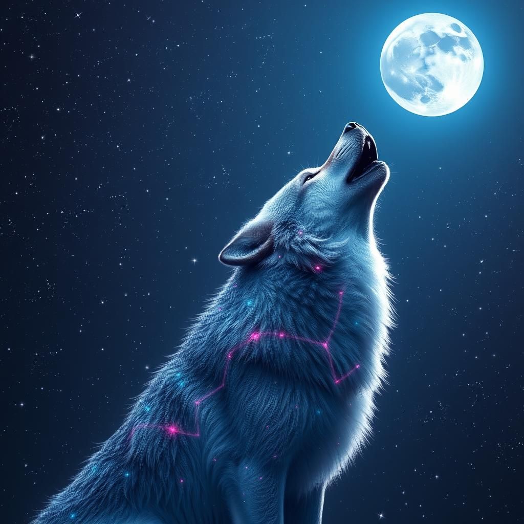 Crystal Wolf Howling at Moonlit Starry Sky