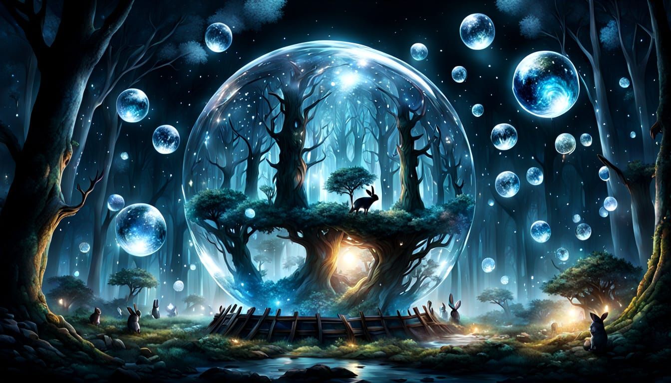 Humanoid Rabbits in Exploding Orb Forest Scene