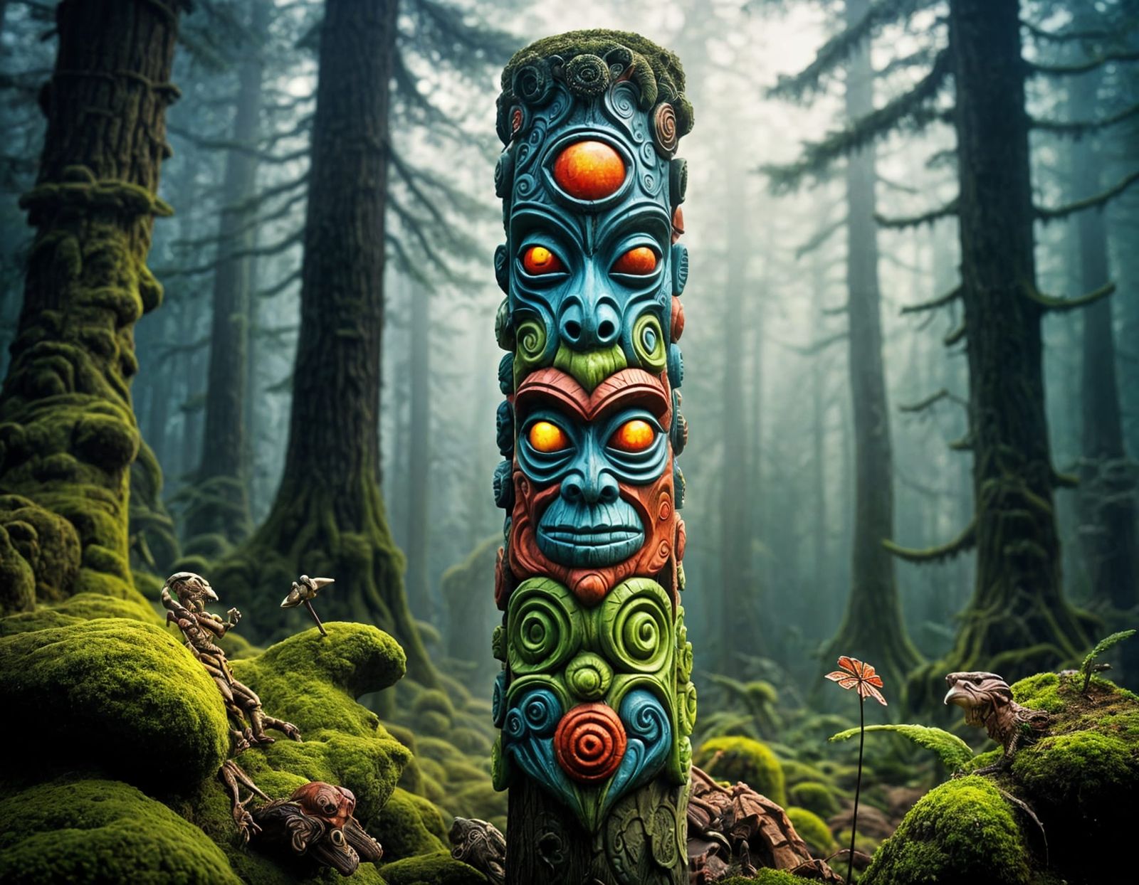 Vibrant Alien Totem Pole in Misty Forest