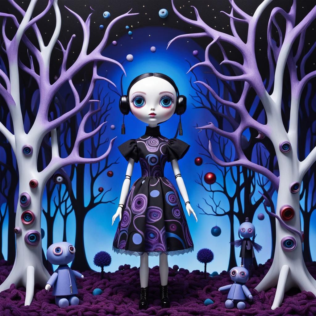 Cubist Goth Doll in Dreamscape with Rayograph Elements