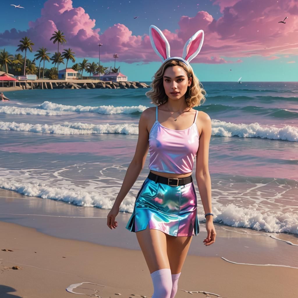 Retro Wave Beach Scene with Galaxy Fashion