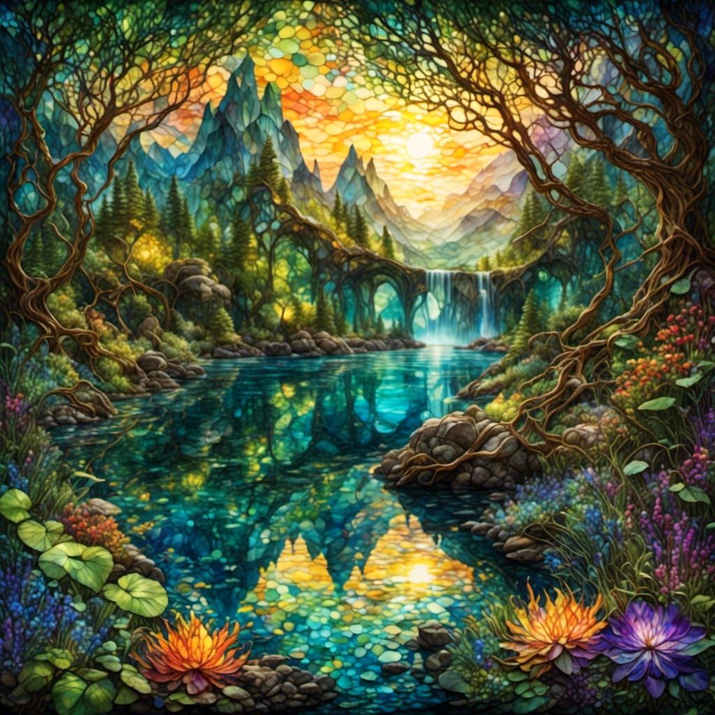 Stained Glass Landscape in Vibrant Colors