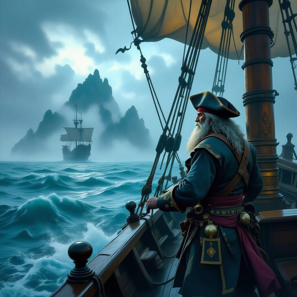 Pirate Captain Gazes at Mystical Island in Cinematic Digital...