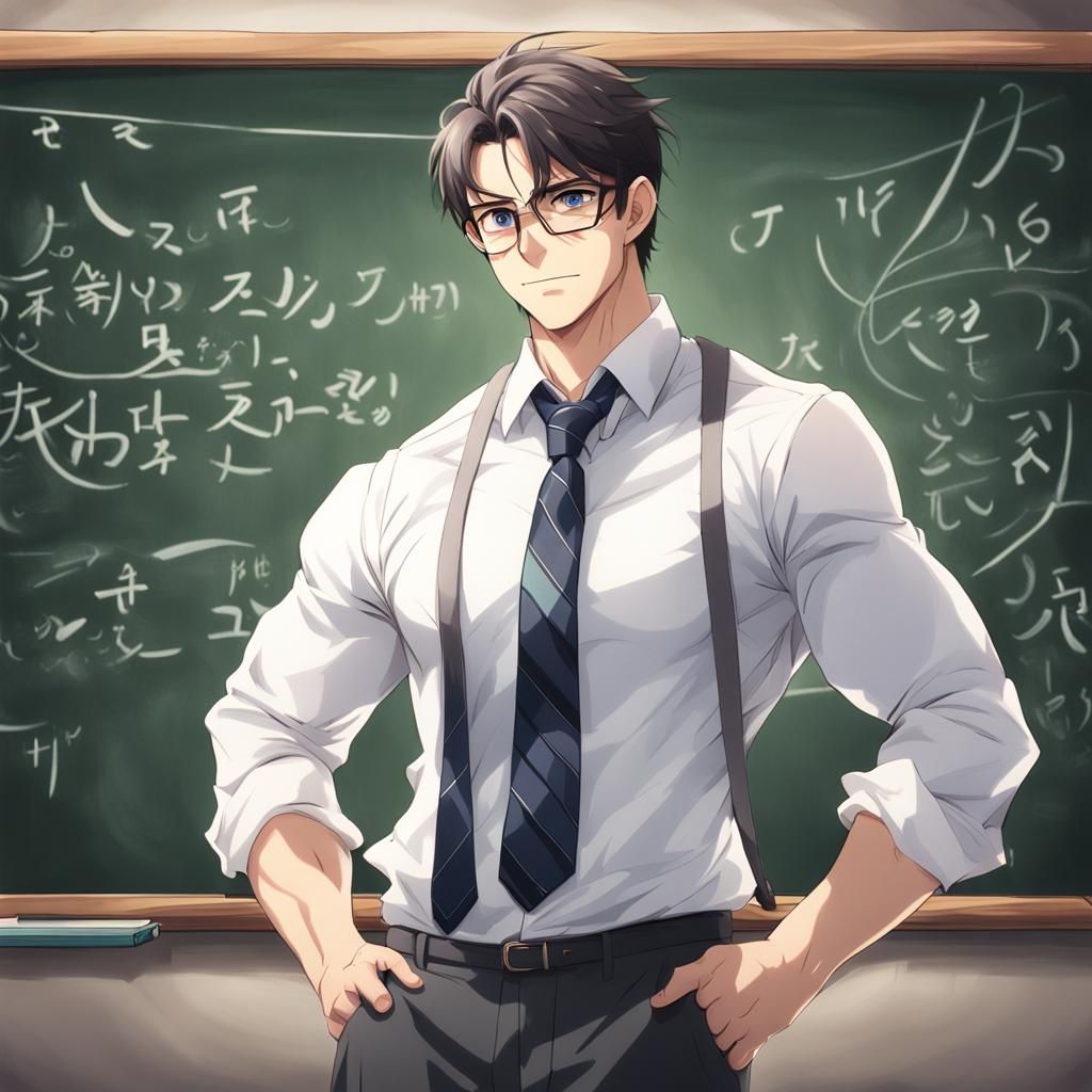 Anime-Style Teacher with Chalkboard Background