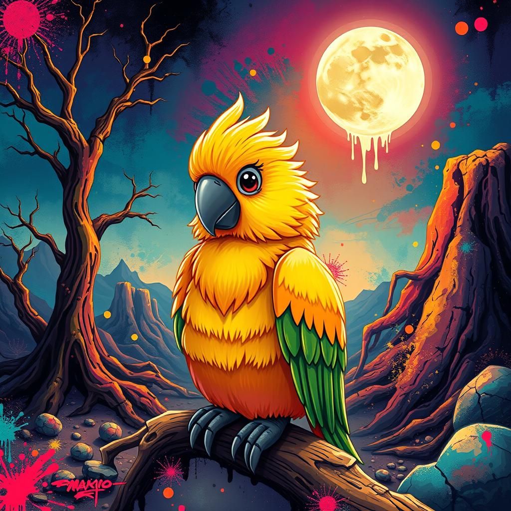 Cartoon Parrot Under Dripping Moon in Whimsical Style