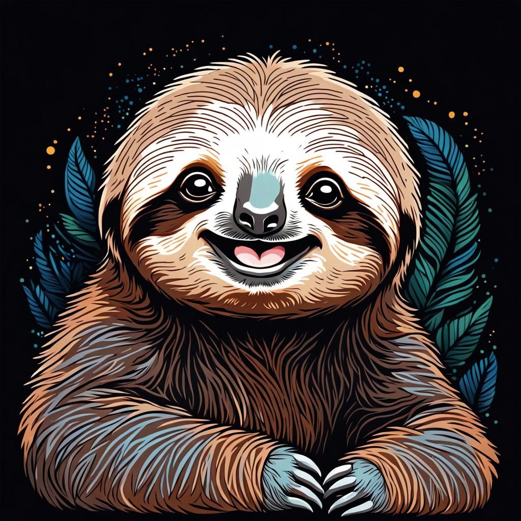 Cute Baby Sloth in Detailed Line Art