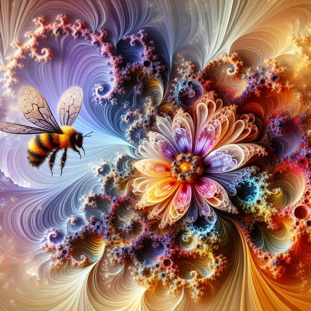 Surreal Flower and Bee in Minimalistic Fractal Art