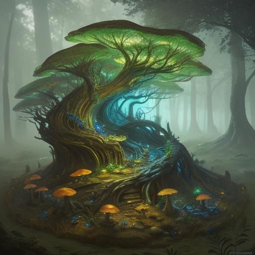Glowing Ancient Leaf in Mystical Forest: Digital Art