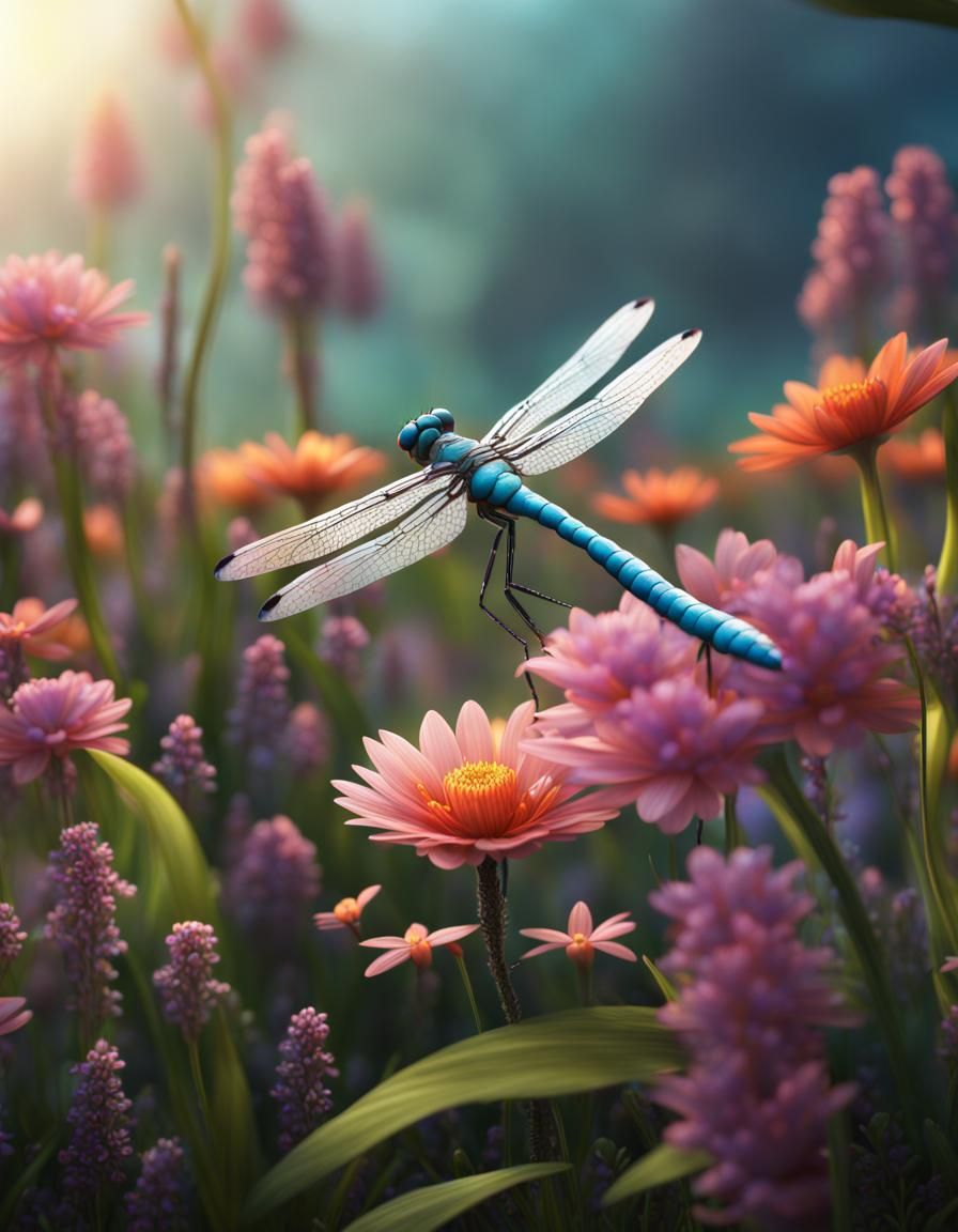 Spring Flowers with Dragonfly: Detailed Matte Painting
