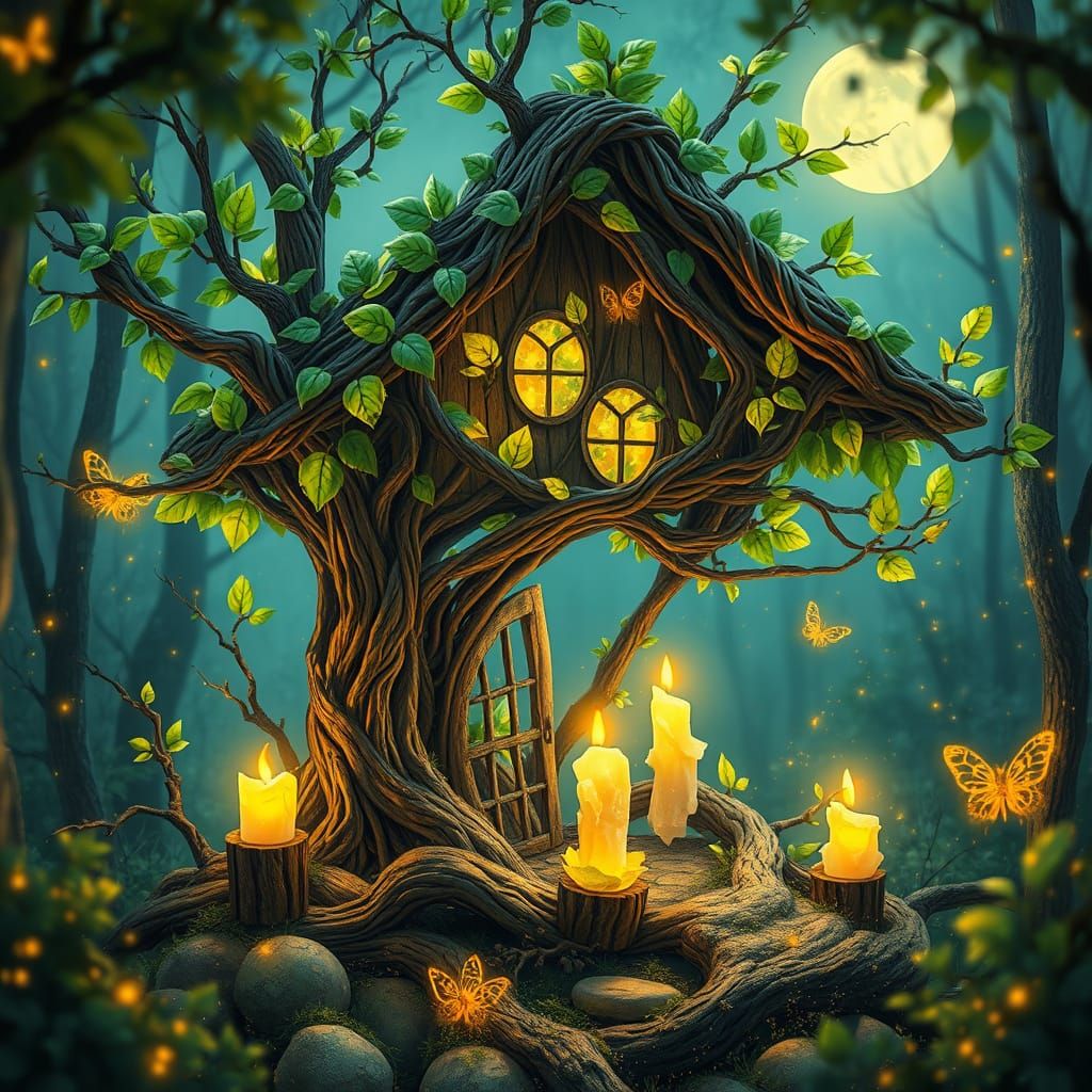 Tree hut in a mystical forest