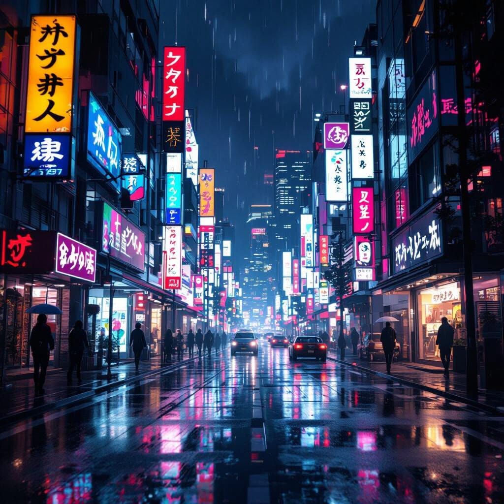 Neon Tokyo Cyberpunk Street at Night, Ultra Realistic