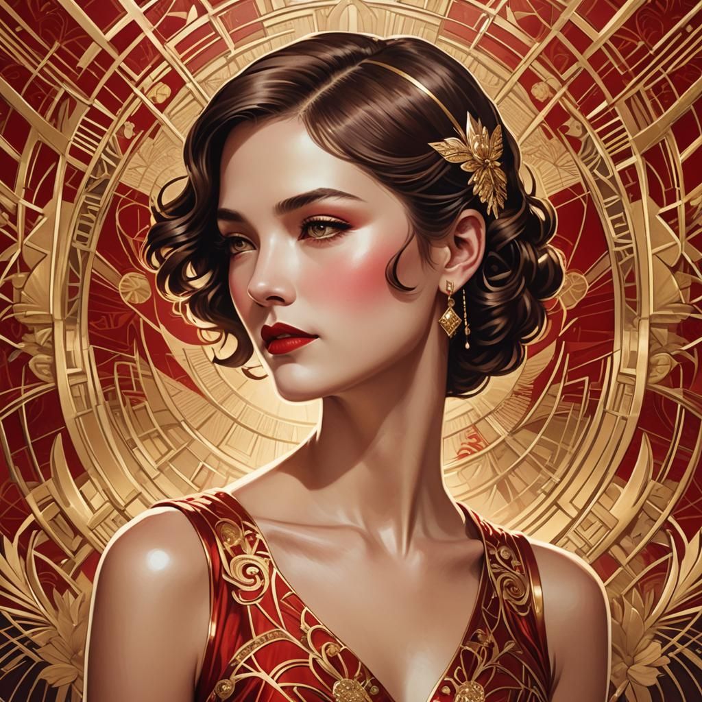 Art Deco Woman in Red Dress: Luxe Anime Portrait