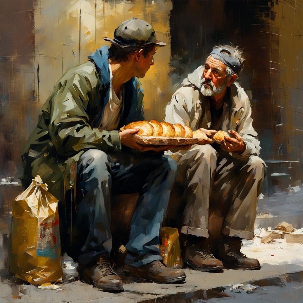 Teenager's Kindness: Sharing Bread in City Alley