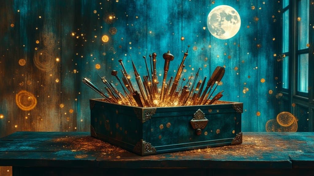 Antique Toolbox Overflowing with Surreal Tools Under Moonlig...