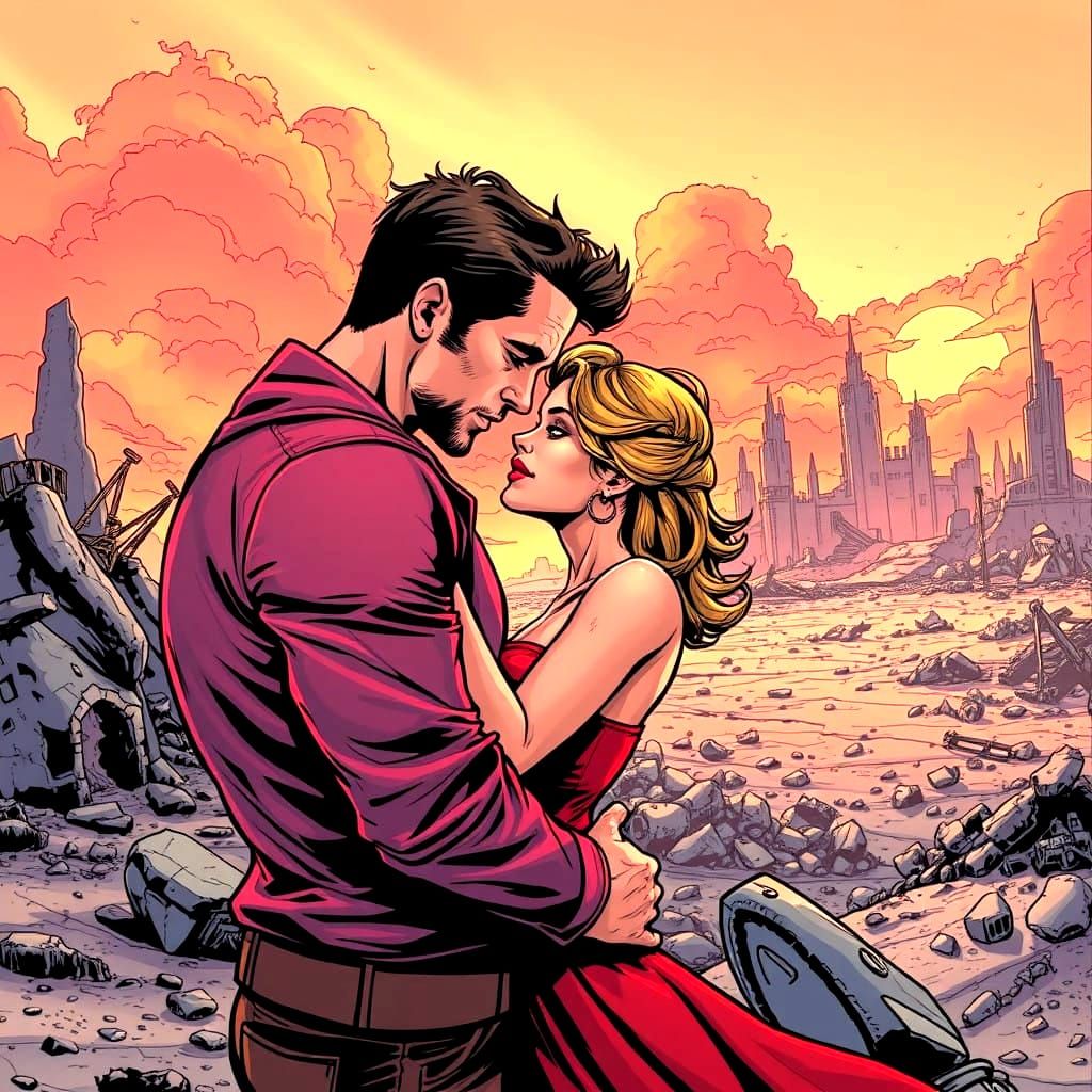 Ethereal Couple Embracing at Dusk in a Futuristic Landscape