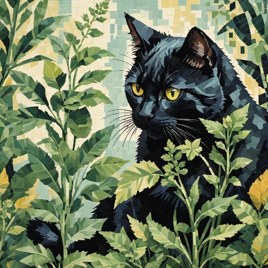 Black Cat Sniffing Catnip in Cubist Pixel Art