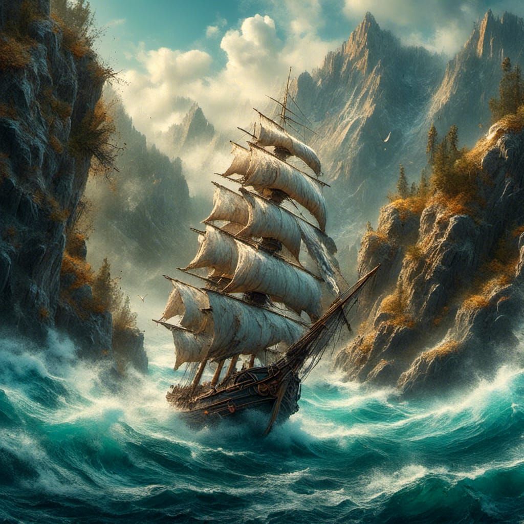 Small Sailboat at Sea in Storybook Style