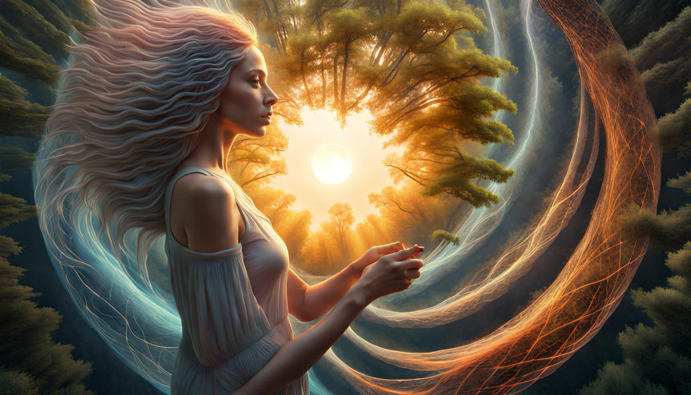 Surreal Woman Plants Sun and Moon in Warped Forest