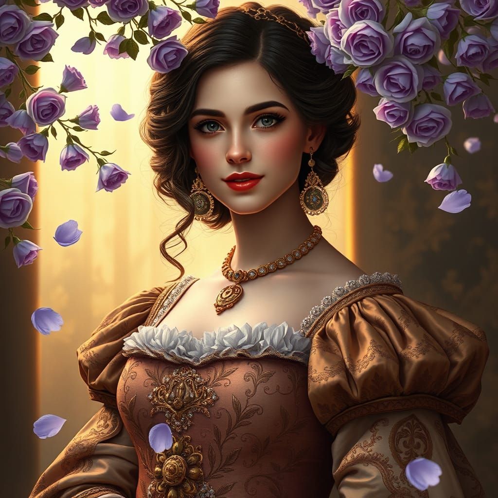 Renaissance Lady with Falling Violet Roses