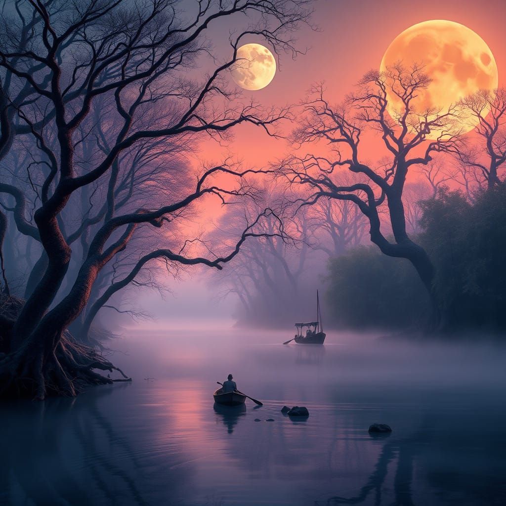 Surreal Orinoco River Landscape in Ethereal Moonlight