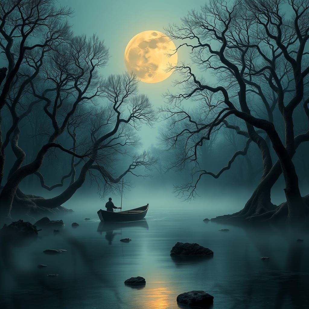 Ethereal Moonlit River in a Mystical Forest Landscape