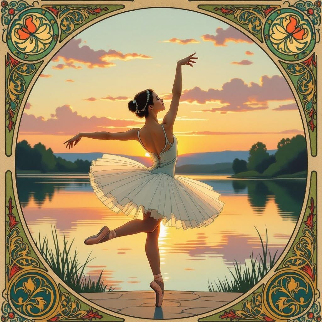 Ballet Dancer at Sunset in Art Nouveau Style