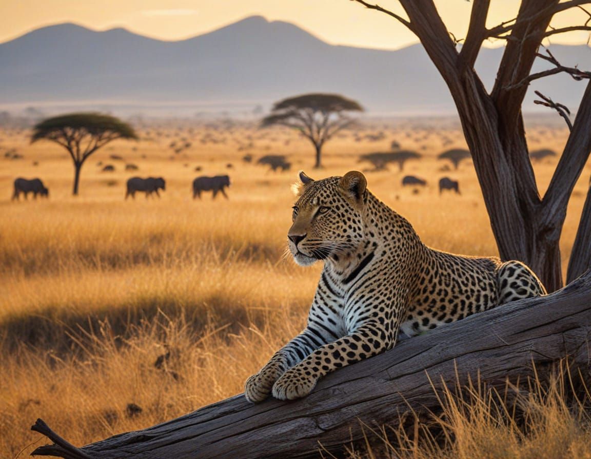 Leopard Watches Great Migration in Vibrant African Landscape