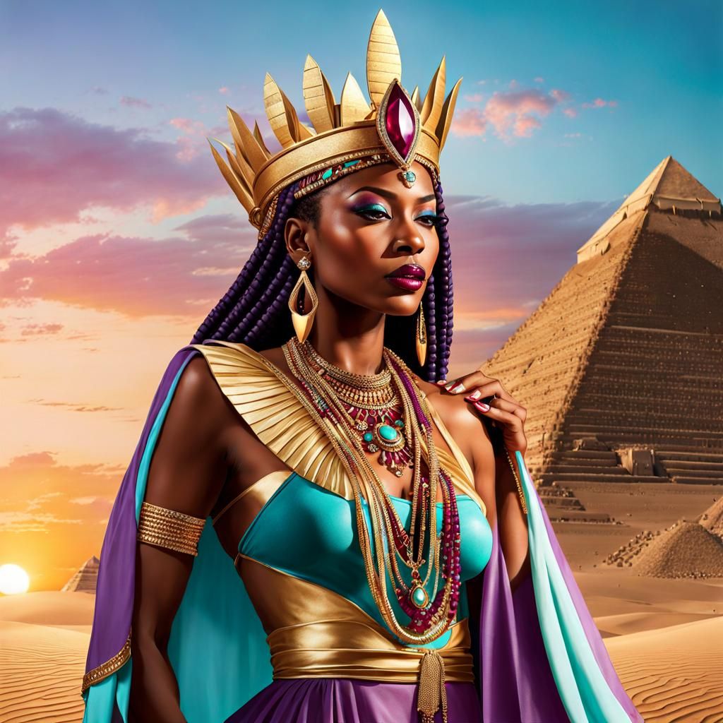 African Queen with Crown and Scepter at Sunrise