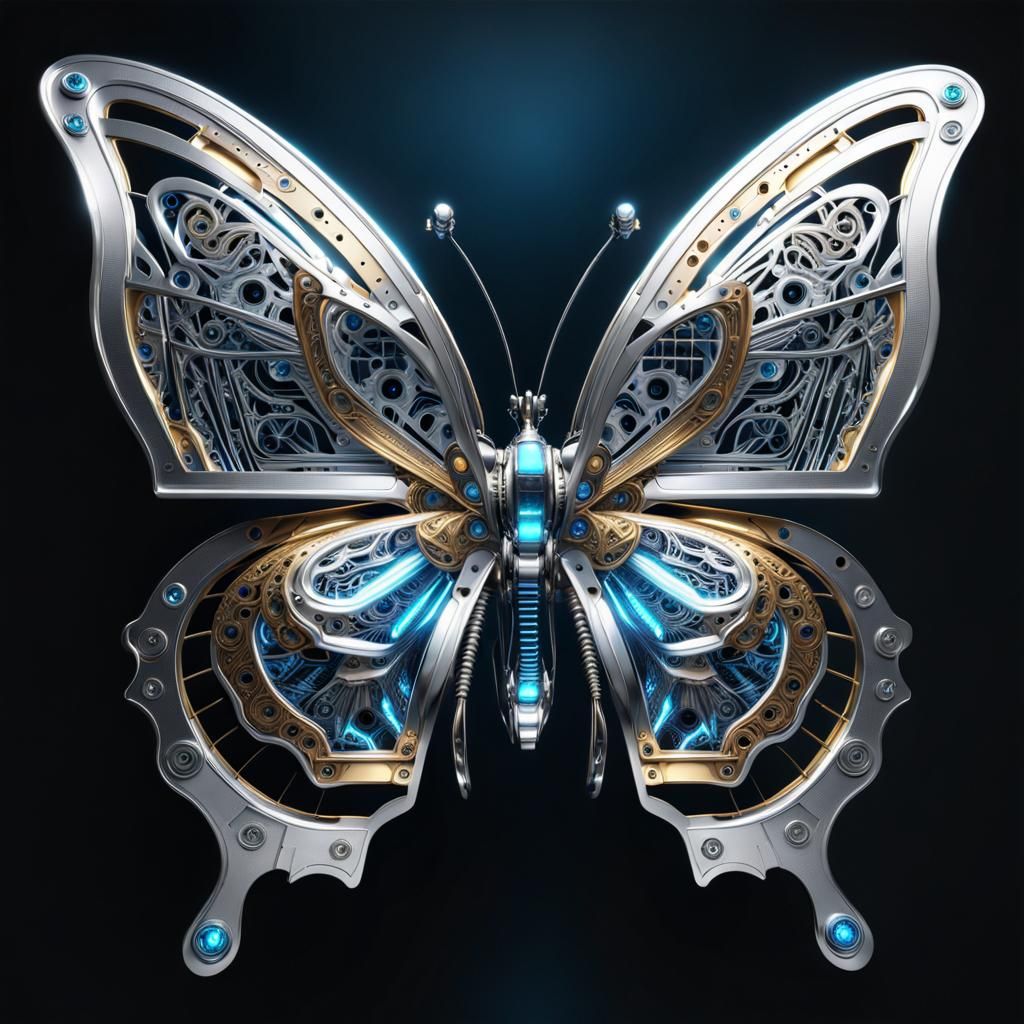 Futuristic Silver Metal Butterfly in Cyberpunk Style