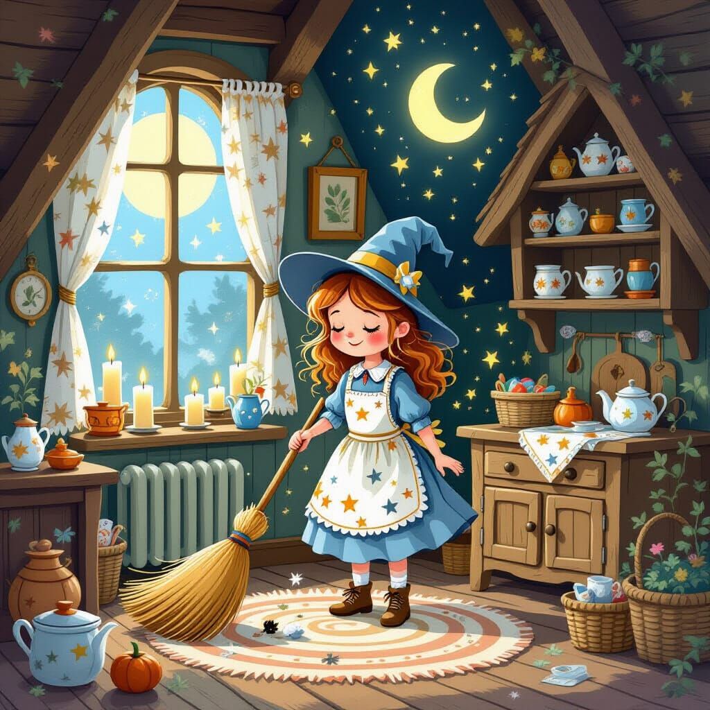 Whimsical Witch Magically Tidies Cozy Cottage