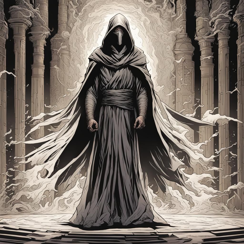 Sinister Hooded Figure in Dark Temple, Comic Book Art