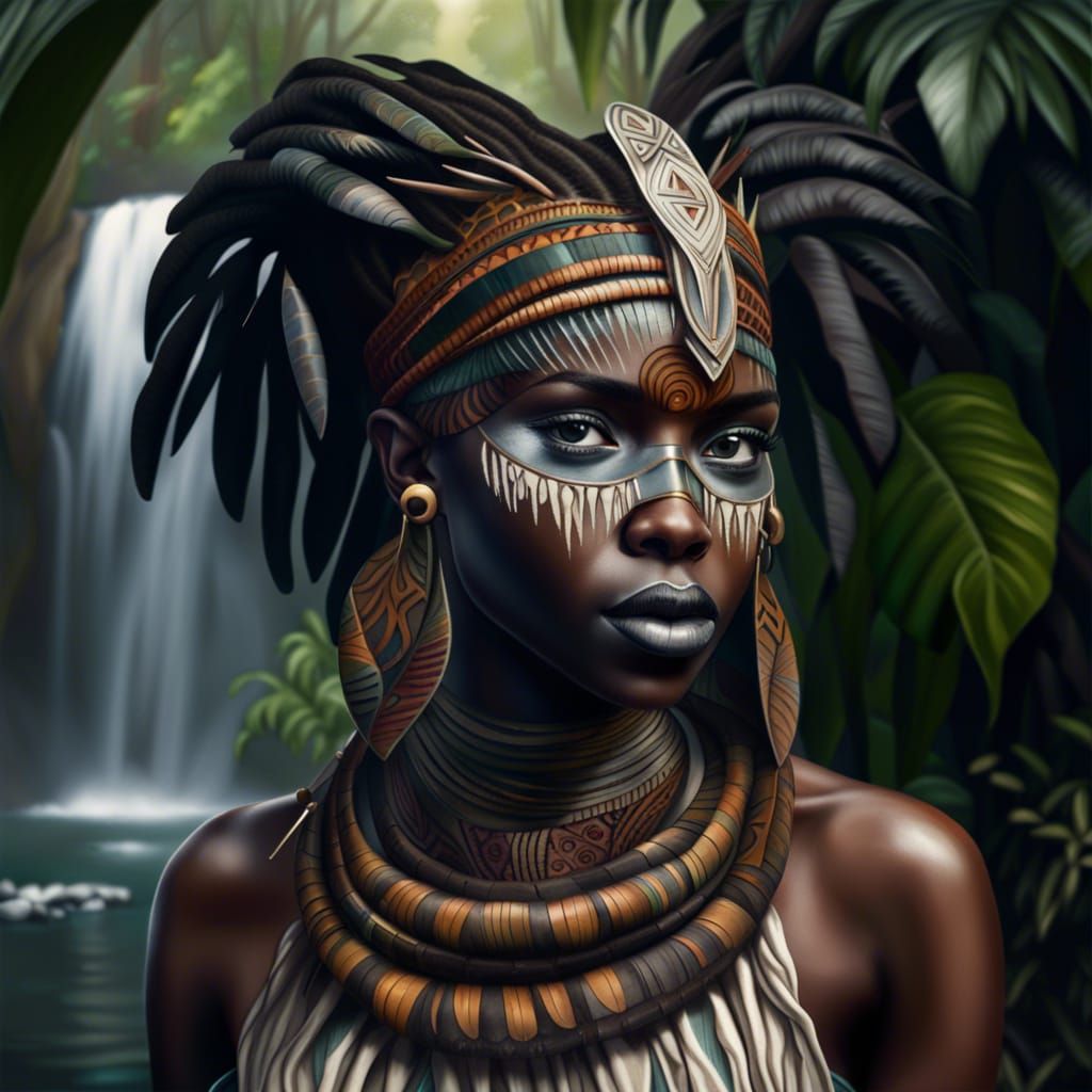 Tribal Masked Girl in Jungle Waterfall