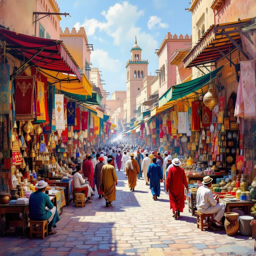 Lively Marrakech Marketplace Scene in Orientalist Style