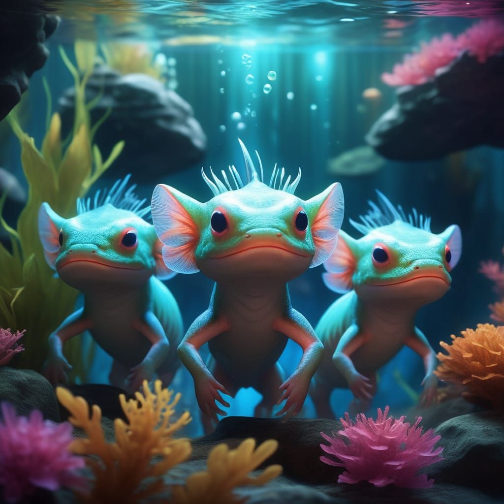 Mystical Axolotl Gathering in Chibi Style